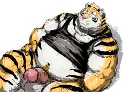 2023 4:3 anthro balls belly big_belly clothing felid genitals hi_res kemono male mammal monapic_chang navel overweight overweight_male pantherine penis pink_nose shirt simple_background sitting solo tiger topwear