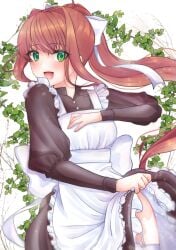 :d absurdres apron apron_lift bangs black_dress blush bow branch brown_hair clothes_lift doki_doki_literature_club dress dress_lift eyelashes eyes_visible_through_hair female floating_hair frilled_apron frills garter_belt garter_straps green_eyes hairbow hand_on_own_chest happy head_tilt highres ivy_(plant) juliet_sleeves leaning_back lifted_by_self long_hair long_sleeves looking_at_viewer looking_to_the_side maid maid_apron mitarou_sk monika_(doki_doki_literature_club) multicolored_clothes open_mouth plant ponytail puffy_sleeves sidelocks simple_background smile solo sparkle thighs tongue very_long_hair white_apron white_background white_bow white_garter_belt white_garter_straps