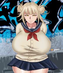 1girls arms_behind_back blonde_hair breasts cardigan chubby clothed female female_only hair_bun himiko_toga large_ass large_breasts looking_at_viewer my_hero_academia school_uniform skirt smile solo tagme thick_thighs wide_hips yaki_chun yellow_eyes