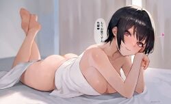 barefoot black_hair breasts curves cute cute_face female female_human female_human_feet hi_res original original_character red_eyes soles sooon thick_thighs thighs towel_on_legs towel_only towels