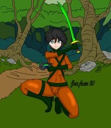 1boy androgynous artist_request black_hair blue_eyes boots bulge commentary_request cutlass danny_fenton danny_phantom energy_gun femboy forest ghosthunter1851(artist) male male_only outdoors short_hair skin_tight solo squatting sword thick_ass thick_thighs trap weapon