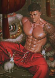 lunar_new_year male male_only muscles muscular muscular_male nick_akito rabbit shin_(nick_akito) shirtless_male spread_legs tattoos year_of_the_rabbit