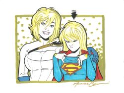 2girls amanda_conner blonde_hair blue_eyes breast_envy cape clothed clothing dc dc_comics envy female female_only kara_danvers kara_zor-el kara_zor-l karen_starr looking_at_own_breasts power_girl red_cape smile smiling supergirl superheroine superman_(series)