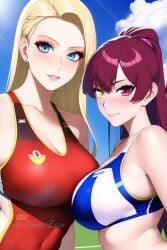 2girls ai_generated artist_self-insert big_breasts blonde_hair blue_eyes breasts busty cleavage clothed clothed_female clothes clothing curvaceous curvy curvy_body curvy_female curvy_figure eyeliner eyeshadow female female_focus female_only heterochromia huge_breasts large_breasts light-skinned_female light_skin long_hair looking_at_viewer losetoluna makeup nai_diffusion ponytail queen_dee queen_dee_(character) red_hair smile smiling smiling_at_viewer sports_bra stable_diffusion sweat sweaty thick voluptuous