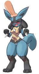 :3 ^_^ animal_ears barefoot black_fur blue_fur blush body_fur breasts closed_eyes commentary completely_nude cute disembodied_limb english_commentary fangs feet female female_lucario hand_on_another's_head happy headpat highres hitmanatee lucario multicolored_fur navel nintendo no_nipples nude open_mouth pokemon pokemon_(species) pussy raised_eyebrows simple_background small_breasts smile snout solo_focus spikes stomach tail thick_thighs thighs uncensored white_background wide_hips wolf_ears wolf_girl wolf_tail yellow_fur