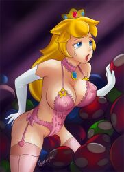 1girls 2013 babydoll big_breasts blonde_hair breasts busty choker cleavage female female_only glamour_(artist) large_breasts legs long_hair mario_(series) mushroom nintendo open_mouth princess princess_peach solo super_mario_bros. tears thighs voluptuous