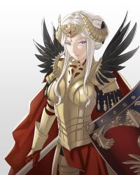 1girls alternate_version_available armor axe breasts cape closed_mouth double_bun edelgard_von_hresvelg female female_only fire_emblem fire_emblem:_three_houses fire_emblem_heroes full_armor gloves hair_bun hair_ornament hair_ribbon highres horns long_hair long_sleeves looking_at_viewer medium_breasts meme nintendo official_alternate_costume pomelomelon post-timeskip purple_eyes red_cape ribbon shield simple_background solo source_larger stripping twitter_strip_game_(meme) undressing white_hair