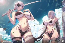 2023 2girls alternate_breast_size android artist_name arttoru ass ass_visible_through_thighs beauty_mark big_ass big_breasts big_butt bikini blindfold blue_eyes breasts camel_toe cameltoe cleavage female female_focus female_only finger_on_cheek gloves hair_over_one_eye hi_res high_resolution highres holding_object holding_sword holding_weapon huge_breasts inner_sideboob large_ass large_breasts large_butt long_hair midriff nier:_automata nier_(series) nipple_bulge nipples nipples_visible_through_clothing short_hair sky_background small_bikini small_waist smile smiling thick_ass thick_thighs thigh_highs thighhighs tight_clothing tight_leotard voluptuous watermark white_hair wide_hips yorha_2b yorha_a2