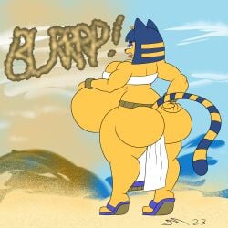 2023 absurd_res ambiguous_digestion anal anal_vore animal_crossing ankha ankha_(animal_crossing) anthro anthro_only burping dated dirtymac domestic_cat english_text felid feline felis female gas hi_res male male/female mammal muscular nintendo signature text vore