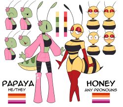 antennae antennae_(anatomy) barely_clothed bee bee_girl blush heart-shaped_pupils honey_(idolomantises) idolomantises insects lesbian_pride_colors mothmilfs papaya_(idolomantisies) partially_clothed