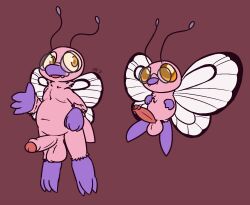 2023 3_toes 4_fingers antennae_(anatomy) anthro arthropod balls big_balls big_penis black_antennae black_wings butterfly butterfree chest_tuft cute_fangs erection exoskeleton eyewear eyewear_only feet feral fingers fist floating foreskin fur generation_1_pokemon genitals gesture glans glasses glasses_only hi_res insect_wings insects lepidopteran looking_at_viewer male nintendo nipples nude open_mouth orange_eyes orange_pupils overweight overweight_anthro overweight_male penis pink_balls pink_body pink_butterfree pink_exoskeleton pink_fur pink_nipples pink_penis pokemon pokemon_(species) pupils purple_body purple_exoskeleton red_glans red_penis smile solo toes tuft ultilix waving white_wings wings yellow_sclera