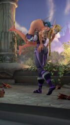 1futa 1girls 3d blizzard_entertainment blonde_hair blue_eyes carrying carrying_over_shoulder carrying_partner futanari high_elf large_ass large_breasts light-skinned_female light_skin night_elf night_elf_futa original_character purple_skin tattoo tektah tektah_(tektah) warcraft world_of_warcraft