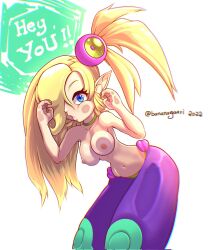 1girls 2d areolae artist_name bananagaari big_breasts blonde_hair blue_eyes breasts female female_focus female_only half-genie highres looking_at_viewer naked naked_female nipples nude nude_female one_eye_covered one_eye_obstructed plink_(shantae) pointy_ears pressed_against pressed_on_glass shantae shantae_and_the_seven_sirens smooth_skin solo solo_female tagme text thighs topless wayforward