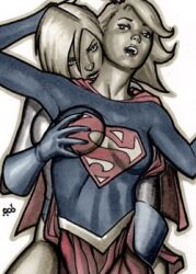 2girls blonde_hair breast_grab cape clothed dc dc_comics female female_only fingering_under_skirt implied_fingering kara_danvers kara_zor-el karen_starr power_girl red_cape rob_baker selfcest supergirl supergirl_(series) superman_(series) touching_breast traditional_media_(artwork) yuri