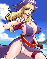 1girls aqua_eyes beach big_breasts blonde_hair bonne_jenet breasts busty cleavage dress fatal_fury female female_only garou:_mark_of_the_wolves gloves hat highres king_of_fighters large_breasts legs long_hair ocean oekaki open_mouth pirate_hat serious sideboob snk solo thighs thong underwear voluptuous water