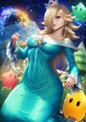 1girls alternate_version_available blue_eyes crown female golden_hair hair_over_one_eye hourglass_figure large_breasts long_dress looking_at_viewer luma mario_(series) neoartcore nintendo nudtawut_thongmai princess_rosalina slim_waist super_mario_galaxy tight_clothing wand wide_hips