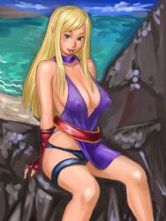 1girls arm_support beach big_breasts blonde_hair blue_eyes bonne_jenet breasts busty cleavage dress fingerless_gloves gloves highres king_of_fighters large_breasts legs long_hair looking_at_viewer ocean sitting smile snk solo thighs thong tongue tongue_out underwear water