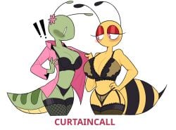 2girls antennae antennae_(anatomy) barely_clothed bee_girl blush child_bearing_hips cleavage flower_on_head heart-shaped_pupils honey_(idolomantises) idolomantises insects lingerie mothmilfs papaya_(idolomantisies) shocked shocked_expression stockings white_background yuri