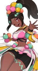 1girls ;d absurdres ass_visible_through_thighs balls bangs bare_shoulders black_hair breasts brown_eyes commentary crop_top dark-skinned_female dark_skin eyeshadow female female_only fire_emblem fire_emblem_engage frilled_skirt frills gonzarez hair_ornament highres hourglass_figure makeup medium_breasts midriff navel nintendo one_eye_closed orb parted_bangs pink_eyeshadow ponytail short_hair shorts simple_background skirt sleeveless smile solo star-shaped_pupils star_(symbol) symbol-shaped_pupils thick_thighs thighs timerra_(fire_emblem) white_background