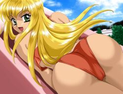 ass big_ass blonde_hair dark-skinned_female green_eyes kakyuusei red_bikini tina_(kakyuusei)