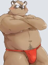 2023 anthro asian_clothing balls belly black_nose blush bodily_fluids brown_body bulge canid canine clothing east_asian_clothing fundoshi genitals hi_res japanese_clothing kemono male mammal musclegut navel raccoon_dog red_clothing red_fundoshi red_underwear shiike999 slightly_chubby solo sweat tanuki underwear