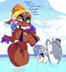 +_+ 1girls 2girls areola areola_slip areolae big_breasts big_man_(splatoon) bikini blonde_hair blue_areola blue_hair breasts busty clothed clothing cloud clouds cross-shaped_pupils dark-skinned_female dark_skin day domino_mask english_text fangs frye_(splatoon) gountro group hair_over_one_eye huge_breasts humanoid humanoid_pointy_ears inkling large_breasts light-skinned_female light_skin long_hair mask_(marking) multicolored_hair navel octoling one-piece_swimsuit partially_submerged pointy_ears pseudo_hair shiver_(splatoon) sky smile splashing splatoon splatoon_(series) splatoon_3 standing standing_sex sun sunlight swimwear symbol-shaped_pupils tentacle_hair text thick_thighs thighs two_tone_hair water wet_skin yellow_eyes