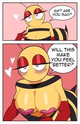 bee bee_girl blush blush breasts cleavage comic flashing_breasts heart-shaped_pupils honey_(idolomantises) idolomantises mothmilfs pasties text