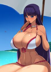 abs absurd_res beach beach_chair big_breasts blue_eyes breasts breasts_bigger_than_head busty fate/grand_order fate_(series) giant_breasts gigantic_breasts huge_breasts large_breasts long_hair looking_at_viewer massive_breasts purple_hair saint_martha saint_martha_(swimsuit_ruler) skimpy skimpy_bikini skimpy_clothes sucking swimsuit tenji voluptuous