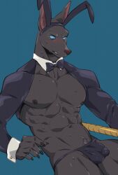 2023 abs anthro anubian_jackal biped black_body black_fur black_nipples blue_background blue_eyes blush bodily_fluids bow_tie bulge canid canine canis claws digital_media_(artwork) fake_ears fake_rabbit_ears finger_claws fur genital_outline genitals hi_res humanoid_genitalia humanoid_penis jackal male mammal muscular muscular_anthro muscular_male nipples pecs penis penis_outline simple_background solo sunspotfish sweat