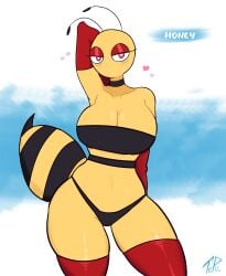 barely_clothed bee bee_girl blush cleavage heart heart-shaped_pupils honey_(idolomantises) imminent_sex large_breasts panties partially_clothed pureteddi stripes thick_thighs