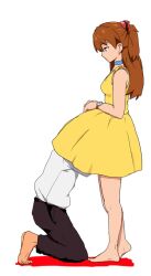 1boy 1girls asuka_langley_sohryu bare_shoulders barefoot blue_eyes choker clothed dress female long_hair looking_up_skirt male neon_genesis_evangelion orange_hair shinji_ikari sleeveless sleeveless_dress sundress watch white_background yellow_dress