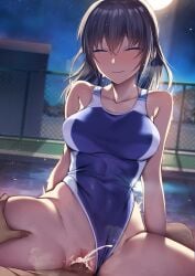 bangs bare_arms bare_shoulders black_hair blue_one-piece_swimsuit blush censored closed_eyes closed_mouth clothing_aside collarbone commentary_request competition_swimsuit cum cum_in_pussy female highres medium_hair mosaic_censoring one-piece_swimsuit original outdoors pov sex smile solo_focus spread_legs straight swimsuit swimsuit_aside tsuki_tokage vaginal_penetration