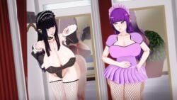 2girls 3d 3d_(artwork) big_breasts cleavage dragia3743 female female_only goth goth_girl gothic hime_cut juggernaut_(dragia3743) magic maid_uniform nymphomania_priestess oc pixiv potion_maker potion_maker_(technobrake) slutty_outfit sun_light technobrake