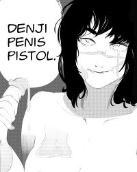 black_hair chainsaw_man comic_panel cum cumshot denji_(chainsaw_man) dialogue mitaka_asa\r\n nude_female penis pubic_hair stray_pubic_hair trajectory yoru_(chainsaw_man)