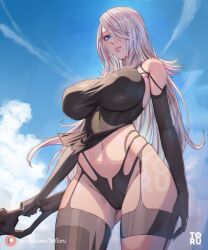 1girls 2023 alternate_breast_size android artist_name arttoru ass ass_visible_through_thighs beauty_mark big_ass big_breasts big_butt black_shirt blindfold blue_eyes breasts camel_toe cameltoe cleavage female female_focus female_only gloves hair_over_one_eye hi_res high_resolution highres holding_object holding_sword holding_weapon huge_breasts inner_sideboob large_ass large_breasts large_butt long_hair nier:_automata nier_(series) nipple_bulge nipples shirt short_hair sky_background small_waist smile smiling solo solo_focus tagme thick_thighs thigh_highs thighhighs tight_clothing tight_leotard voluptuous watermark white_hair wide_hips yorha_a2