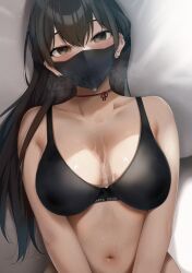 bangs bare_shoulders black_hair black_sports_bra breasts brown_eyes choker collarbone commentary covered_mouth cum cum_on_body cum_on_breasts cum_on_mask ear_piercing female highres konata_(kankin_jk) large_breasts long_hair looking_at_viewer lying mask mishiranu_joshikousei_ni_kankin_sareta_mangaka_no_hanashi mole mouth_mask navel on_back piercing ryouma_(galley) solo sports_bra steam steam_from_mouth story_of_a_manga_artist_confine_by_a_strange_high_school_girl upper_body