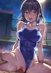 bangs bare_arms bare_shoulders black_hair blue_eyes blue_one-piece_swimsuit blush censored clothing_aside collarbone commentary_request competition_swimsuit female highres looking_at_viewer medium_hair mosaic_censoring one-piece_swimsuit open_mouth original outdoors pov sex smile solo_focus spread_legs straight swimsuit swimsuit_aside tsuki_tokage vaginal_penetration