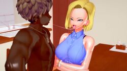 1boy 1girls 3d ahe_gao android_18 animated big_breasts blonde blonde_female blonde_hair blowjob_gesture bob_cut bracelets buttons cheating cheating_wife clothed collared_shirt crossed_arms cuckold dark-skinned_male dark_skin dragon_ball dragon_ball_z female gyaruo interracial jewelry kissing koikatsu large_breasts male/female netorare no_sound open_mouth saliva saliva_drip saliva_string saliva_trail short_hair sleeveless suggestive_gesture tongue tongue_kiss tongue_out ugly_bastard ugly_man video yoldea