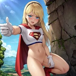 1girls 2020s 2023 ai_generated big_breasts blonde_hair blue_eyes bottomless breasts cleavage dc dc_comics dcau female female_only kara_danvers kara_zor-el kryptonian light-skinned_female nipples_visible_through_clothing pussy see-through see-through_clothing shopnoarts short_hair supergirl superman:_the_animated_series superman_(series) sweat sweating sweaty_body sweaty_face thick_thighs wide_hips