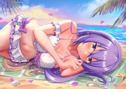 absurdres beach beach_towel bikini bikini_skirt breasts female front-tie_bikini_top front-tie_top highres hololive hololive_indonesia hololive_indonesia_area_15 kaigan large_breasts long_hair lying moona_hoshinova navel ocean on_side outdoors petals purple_eyes purple_hair seashell shell smile starfish sunset swimsuit towel virtual_youtuber