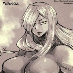 huge_breasts monochrome nousk parasoul skullgirls upside_down_cross