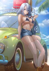 1girls artist_request bikini_top blue_eyes booty_shorts breasts car female genshin_impact huge_breasts leaning_against_car light-skinned_female light_skin long_hair shenhe_(genshin_impact) short_shorts shorts smile thick_thighs thighhighs white_hair