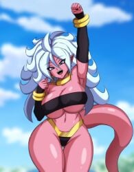 1girls android_21 android_21_(good) arm_up ass_visible_through_thighs big_breasts big_hips bio-android_(dragon_ball) blue_eyes bracelet breasts choker darwaarts dragon_ball dragon_ball_fighterz female_only gold_jewelry huge_breasts huge_thighs jewelry large_breasts majin_android_21 midriff mound_of_venus navel nipples_visible_through_clothing no_bra no_bra_under_clothes pink_skin smile solo tail thick_thighs thighs thong tight_clothing tubetop white_eyebrows white_hair wide_hips