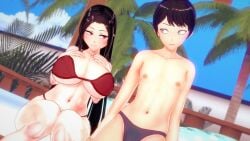 1boy 1boy1girl 1girls 3d big_breasts bikini black_hair cleavage female illusion_soft koikatsu koikatu male oc pixiv red_eyes sun_light the_secret_of_the_partner_next_to_you thick_thighs yoo_jae_kyung