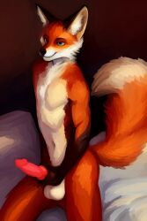 2022 2:3 animal_genitalia animal_penis anthro balls bed blue_eyes canid canine canine_genitalia canine_penis digital_media_(artwork) erection fox fur furniture genitals hi_res holding_penis inside kneeling knot male mammal nude on_bed orange_body orange_fur penile penis red_fox sitting sitting_on_bed smile solo sylo tail