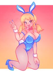 bangs big_breasts blonde_female blonde_hair blue_clothing breasts brown_eyes bunny_costume bunny_ears bunny_girl bunny_tail bunnysuit cute fairy_tail high_heels large_breasts lucy_heartfilia open_mouth peace_sign playboy_bunny round_breasts smile twintails zharxart