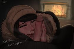 1boy 1boy1girl 1girls cozy cuddling fire freckles hi_res highres jacket luana_(lustysun) lustysun penis penis_on_face penis_out precum smile steam tagme unseen_male_face veiny_penis wholesome wholesome_sex winter_clothes