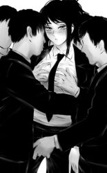 3boys after_kiss blush breast_grab business_suit business_woman chainsaw_man faceless faceless_male female formal grabbing greyscale highres long_hair looking_at_viewer molestation monochrome multiple_boys necktie nose_blush pants saliva saliva_trail scar scar_on_face shirt shpo standing suit tendo_michiko_(chainsaw_man)