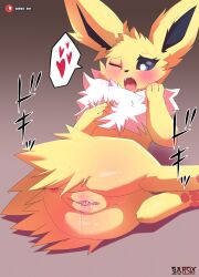 absurd_res anus black_nose blue_eyes blush bodily_fluids clitoris eeveelution female feral fur furry furry_only generation_1_pokemon genital_fluids genitals heart hi_res jolteon lying nintendo on_side one_eye_closed open_mouth pawpads paws pokemon pokemon_(species) pussy pussy_juice sarox solo sweat teeth white_body white_fur yellow_body yellow_fur