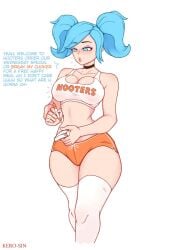 1girls alternate_breast_size big_breasts blue_hair choker english_text evie_(paladins) female hi-rez_studios hips hooters hooters_uniform kerosin lipstick makeup paladins_(game) slim_waist snap_my_choker talking_to_viewer text tight_clothing